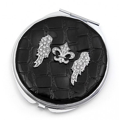 Compact Mirror - 12 PCS - Croc Embossed w/ Rhinestone Fleur De Lis & Angel Wings - MR-GM1282B